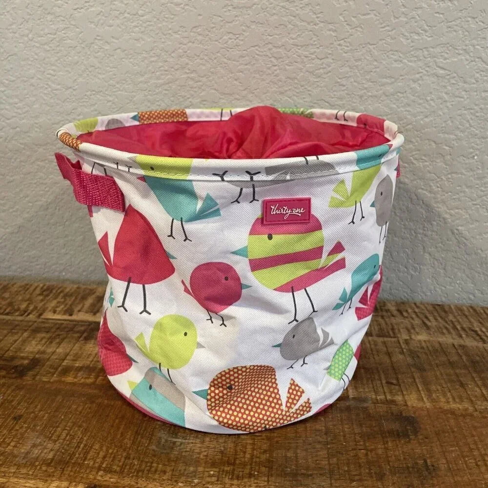 Thirty one bag cinch top round Storage Bin Pink Chickadees Birds Embroidery MeMe